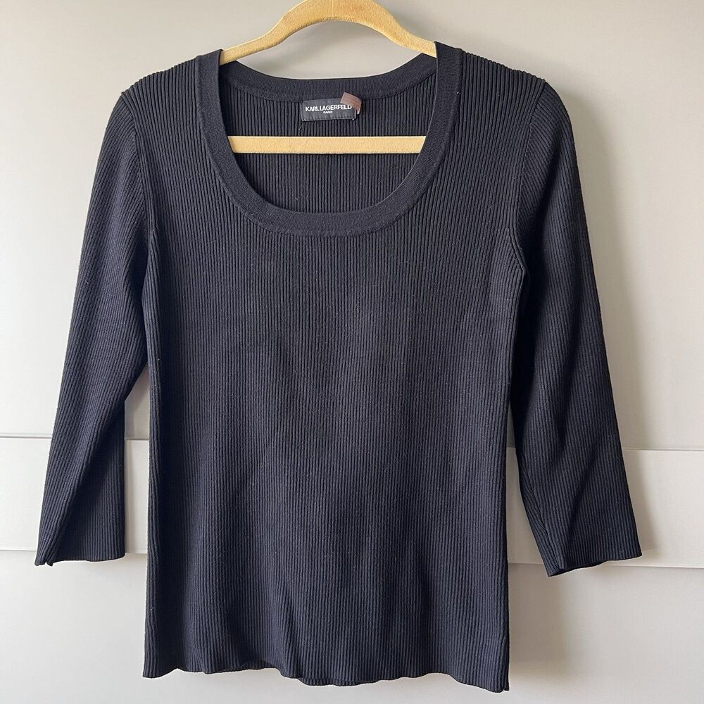 Karl Lagerfeld Paris Black Ribbed 3/4 Sleeve Top Women Medium Scoop Neck Classic